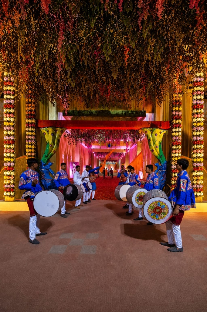 Dhol Players in Floral Tunnel
